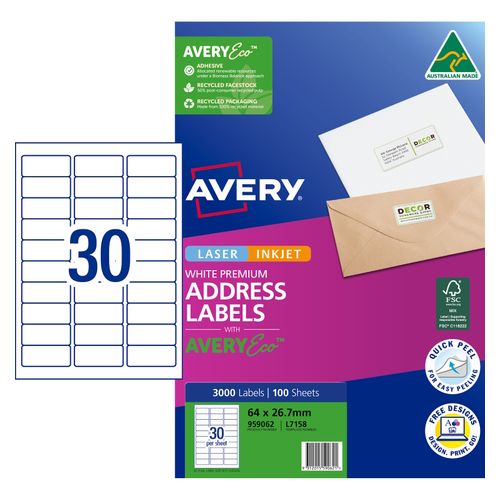 Avery 30Up AveryEco Laser Inkjet Address Labels 100 Sheets (959062/L7158/J8158)