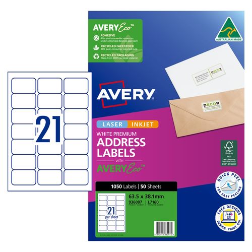 Avery 21Up AveryEco Laser Inkjet Labels 50 Sheets (936097/J8160/L7160)