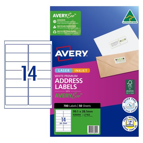 Avery 14Up AveryEco Laser Inkjet Labels 50 Sheets (936094/J8163/L7163)