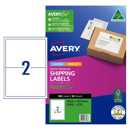 Avery 2Up AveryEco Laser Inkjet Labels 50 Sheets (936086/J8168/L7168)