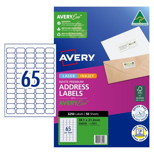 Avery 65Up AveryEco Laser Inkjet Labels 50 Sheets (936099/J8651/L7651)