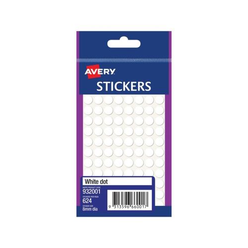 Avery White Dot Stickers 8 mm Round Permanent Pack 624