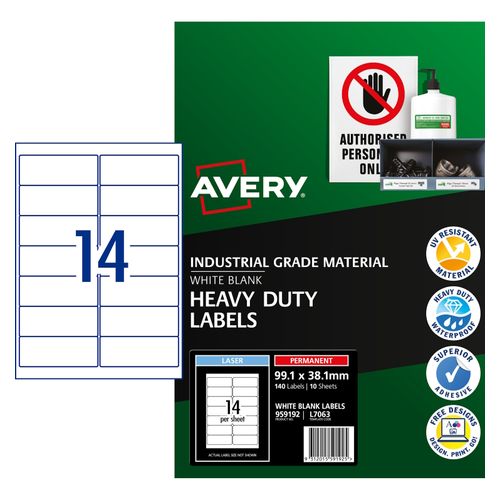 Avery 14Up Heavy Duty Laser Labels 10 Sheets (959192/L7063)