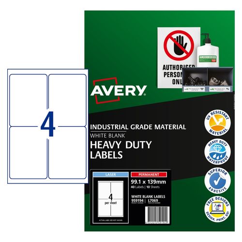 Avery 4Up Heavy Duty Laser Labels 10 Sheets (959194/L7069)