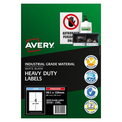 Avery 4Up Heavy Duty Laser Labels 10 Sheets (959194/L7069)