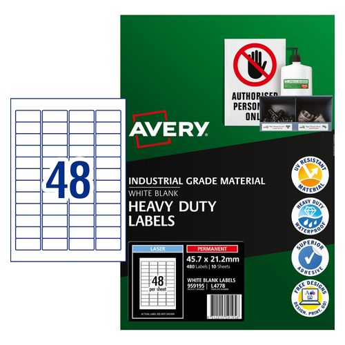 Avery 48Up Heavy Duty Laser Labels 10 Sheets (959195/L4778)