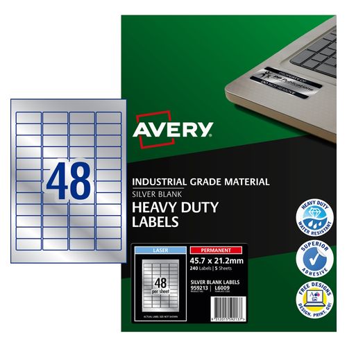 Avery 48Up Heavy Duty Laser Labels Silver 5 Sheets (959213/L6009)