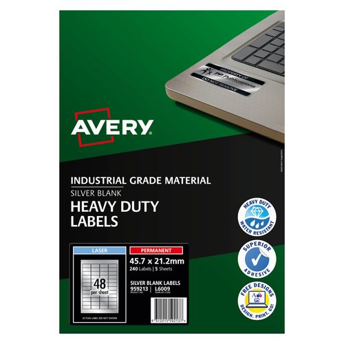 Avery 48Up Heavy Duty Laser Labels Silver 5 Sheets (959213/L6009)