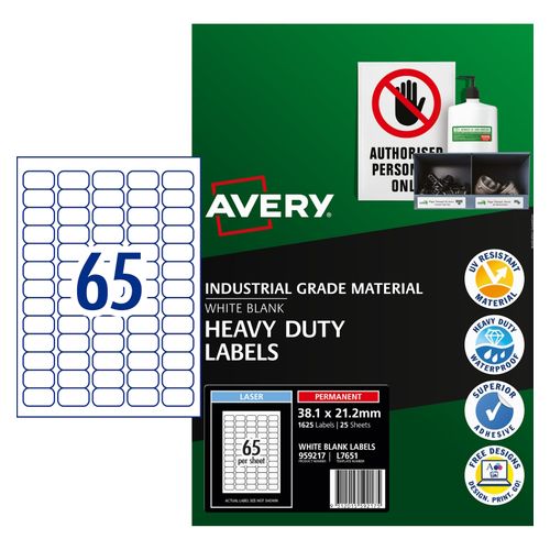 Avery 65Up Heavy Duty Laser Labels 25 Sheets (959217/L7651)