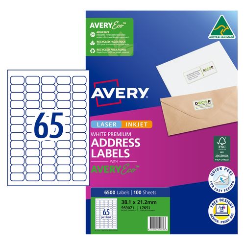 Avery 65Up AveryEco Laser Inkjet Address Labels 100 Sheets (959071/L7651/J8651)