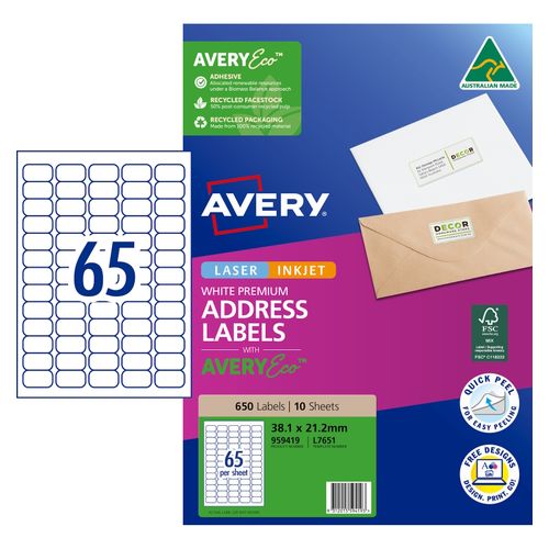 Avery 65Up AveryEco Laser Inkjet Address Labels 10 Sheets (959419/L7651/J8651)