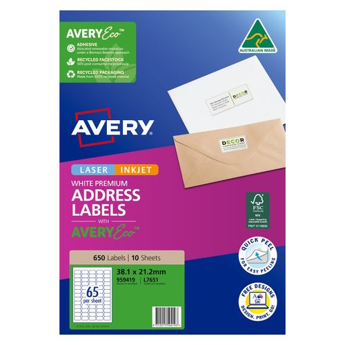 Avery 65Up AveryEco Laser Inkjet Address Labels 10 Sheets (959419/L7651/J8651)