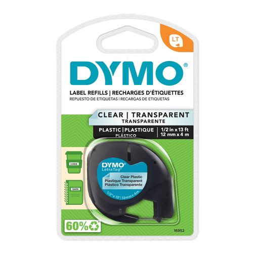 Dymo Letratag Plastic Label Tape 12mm Black on Clear