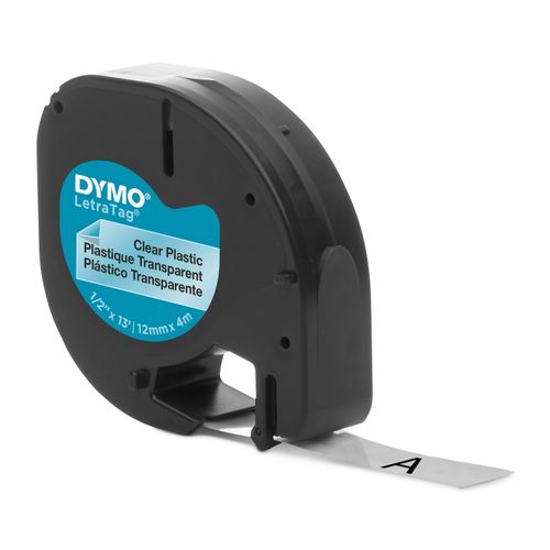 Dymo Letratag Plastic Label Tape 12mm Black on Clear