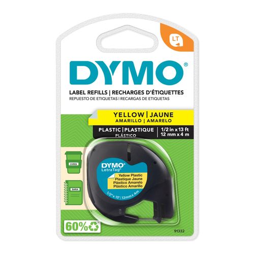Dymo Letratag Plastic Label Tape 12mm Black on Yellow