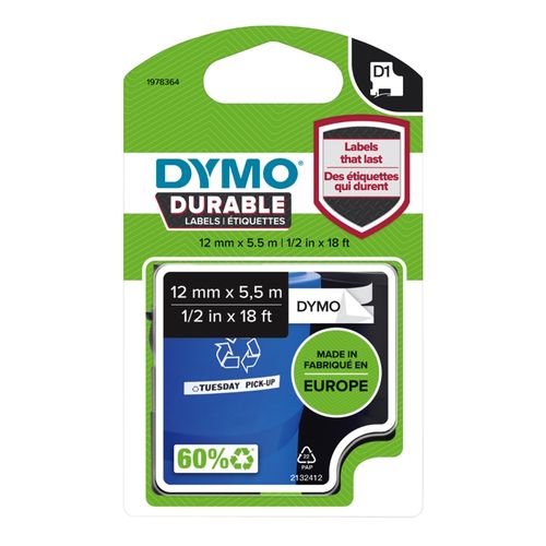 Dymo D1 Durable Label Tape 12mm x 5.5M Black on White