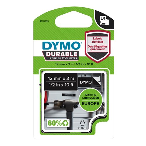 Dymo D1 Durable Label Tape 12mm x 3M White on Black