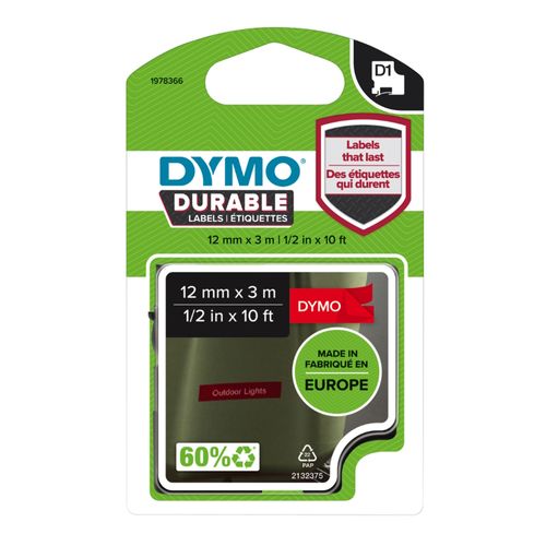 Dymo D1 Durable Label Tape 12mm x 3M White on Red