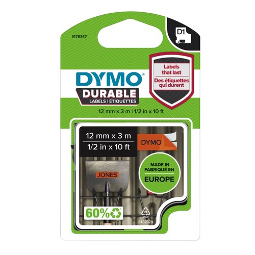 Dymo D1 Durable Label Tape 12mm x 3M Black on Orange