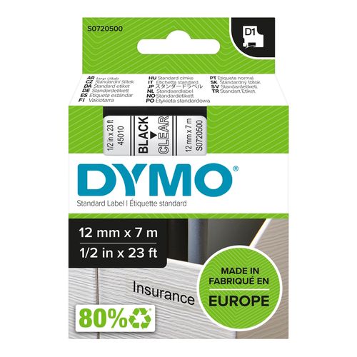 Dymo Labelling Tape D1 SD45010/S0720500 12mm x 7M Black On Clear