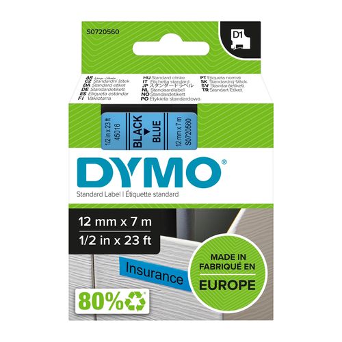Dymo D1 Label Tape 12mm x 7m Black on Blue