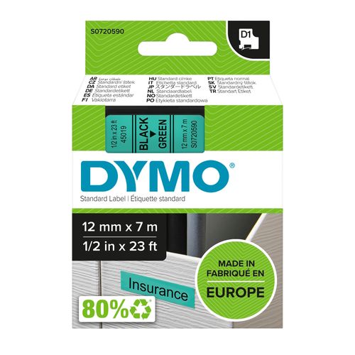 Dymo D1 Label Tape 12mm x 7m Black on Green