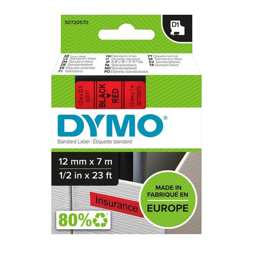 Dymo D1 Label Tape 12mm x 7m Black on Red