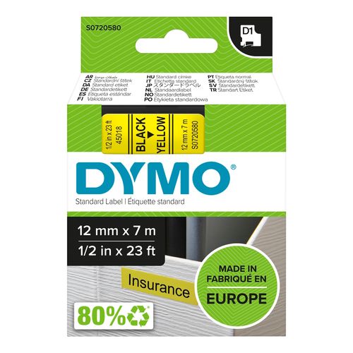 Dymo Labelling Tape D1 SD45018/S0720580 12mm x 7M Black On Yellow