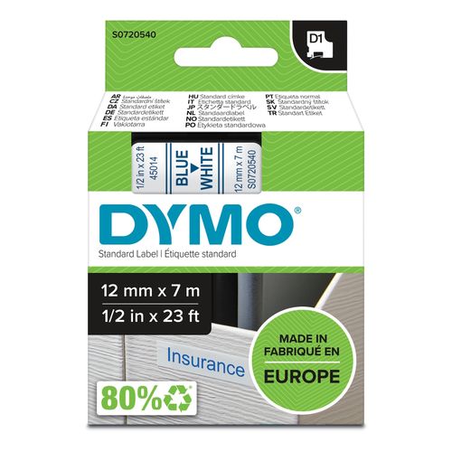 Dymo D1 Label Tape 12mm x 7m Blue on White