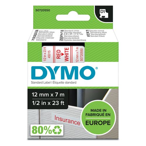 Dymo D1 Label Tape 12mm x 7m Red on White