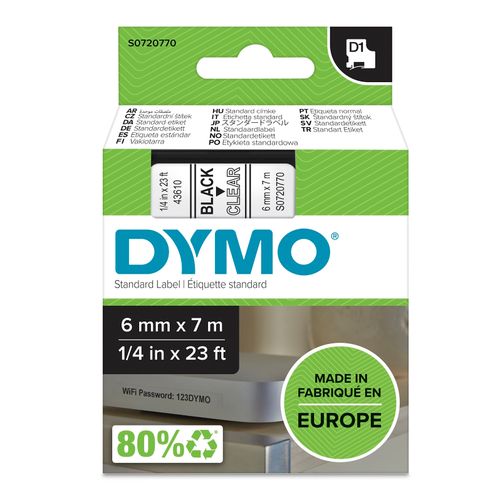 Dymo D1 Label Tape 6mm x 7m Black on Clear