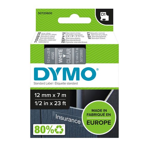 Dymo D1 Label Tape 12mm x 7m White on Clear
