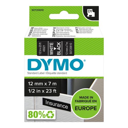 Dymo Labelling Tape D1 SD45021/S0720610 12mm x 7M White On Black