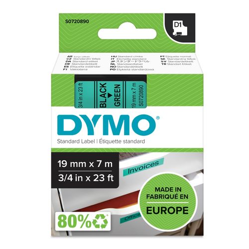 Dymo D1 Label Tape 19mm x 7m Black on Green