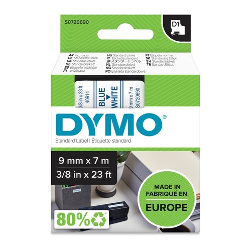 Dymo D1 Label Tape 9mm x 7m Blue on White