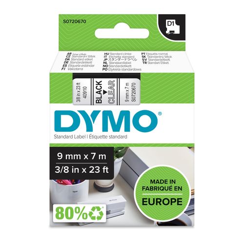 Dymo D1 Label Tape 9mm x 7m Black on Clear