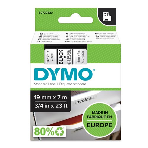 Dymo D1 Label Tape 19mm x 7m Black on Clear