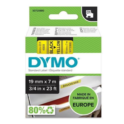 Dymo D1 Label Tape 19mm x 7m Black on Yellow