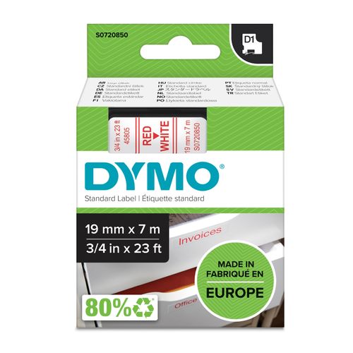 Dymo D1 Label Tape 19mm x 7m Red on White