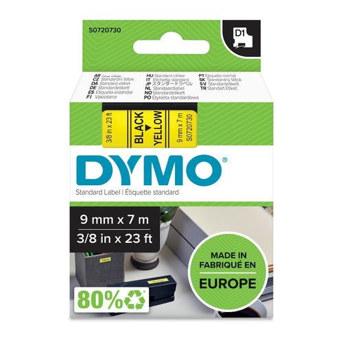 Dymo D1 Label Tape 9mm x 7m Black on Yellow