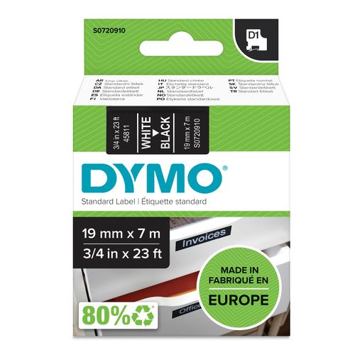 Dymo D1 Label Tape 19mm x 7m White on Black