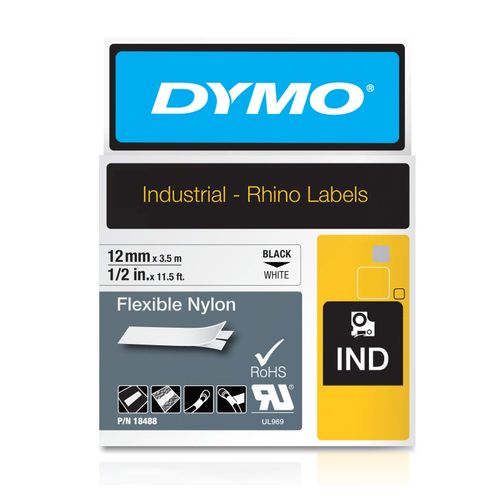 Dymo Rhino Tape Flexible Nylon 12mm x 3.5M Black On White