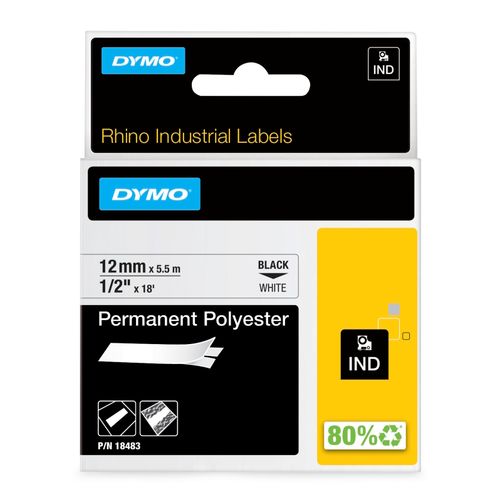 Dymo Rhino Tape Permanent Polyester 12mm x 5.5M Black On White