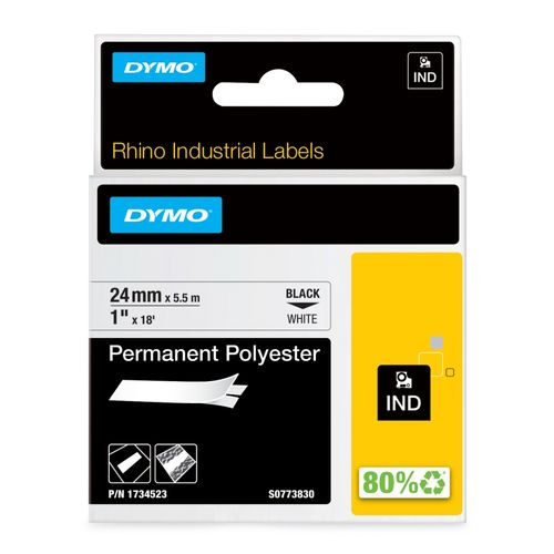 Dymo Rhino Tape Permanent Polyester 24mm x 5.5M Black On White