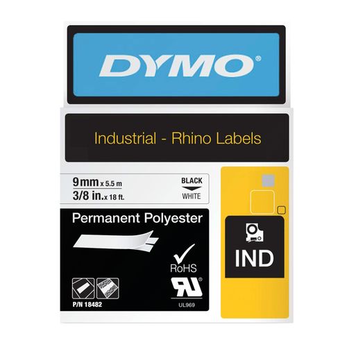 Dymo Rhino Tape Permanent Polyester 9mm x 5.5M Black On White