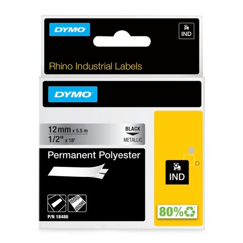 Dymo Rhino Tape Permanent Polyester 19mm x 5.5M Black On Metallic