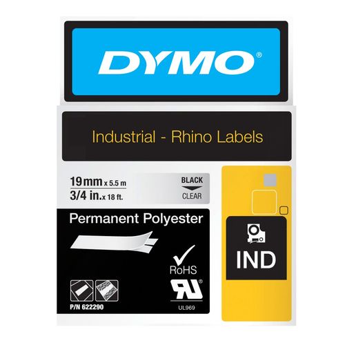 Dymo Rhino Tape Permanent Polyester 19mm x 5.5M Black On Clear