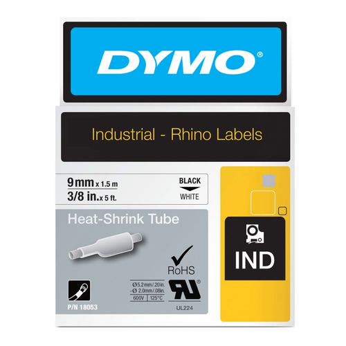 Dymo Rhino Tape Heat Shrink Tube 9mm x 1.5M Black On White