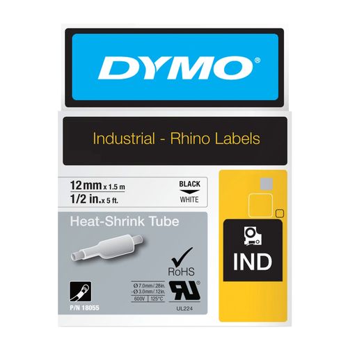 Dymo Rhino Tape Heat Shrink Tube 12mm x 1.5M Black On White