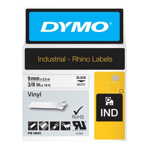 Dymo Rhino Tape Vinyl 9mm x 5.5M Black On White